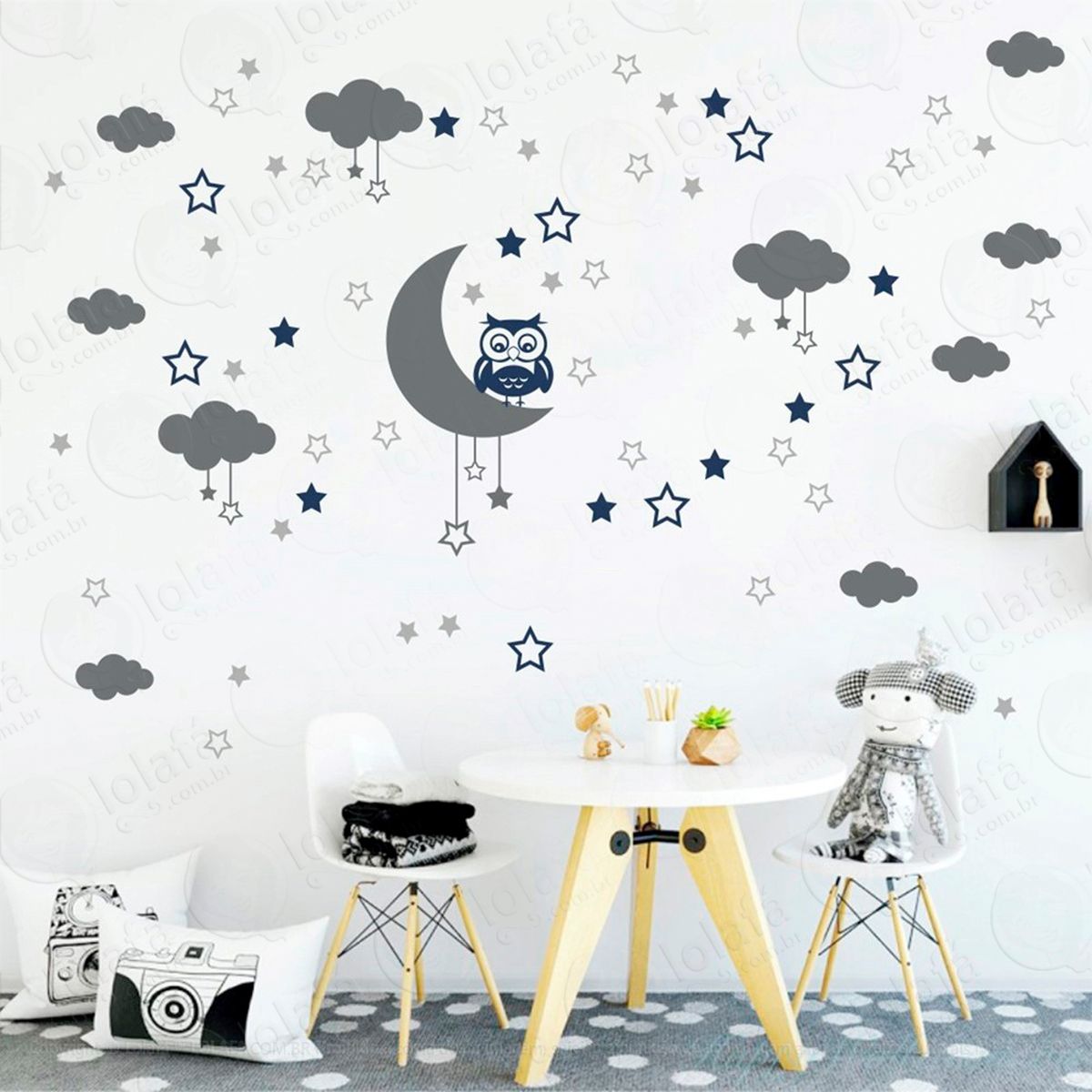 adesivos lua nuvens estrelas e coruja 103 peças adesivos para quarto de bebê infantil - mod:183