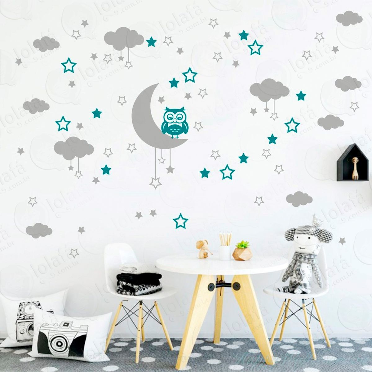 adesivos lua nuvens estrelas e coruja 103 peças adesivos para quarto de bebê infantil - mod:184