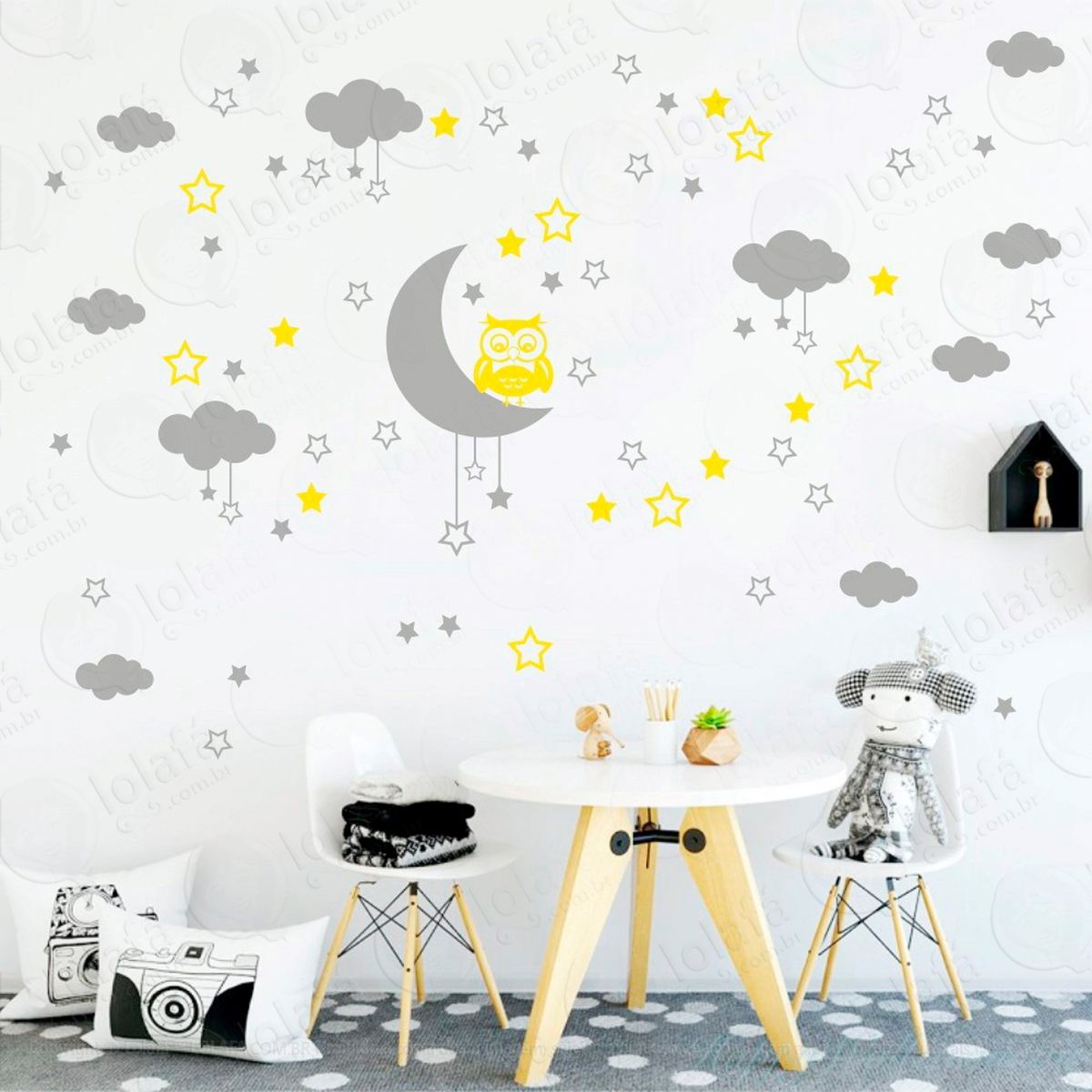 adesivos lua nuvens estrelas e coruja 103 peças adesivos para quarto de bebê infantil - mod:186