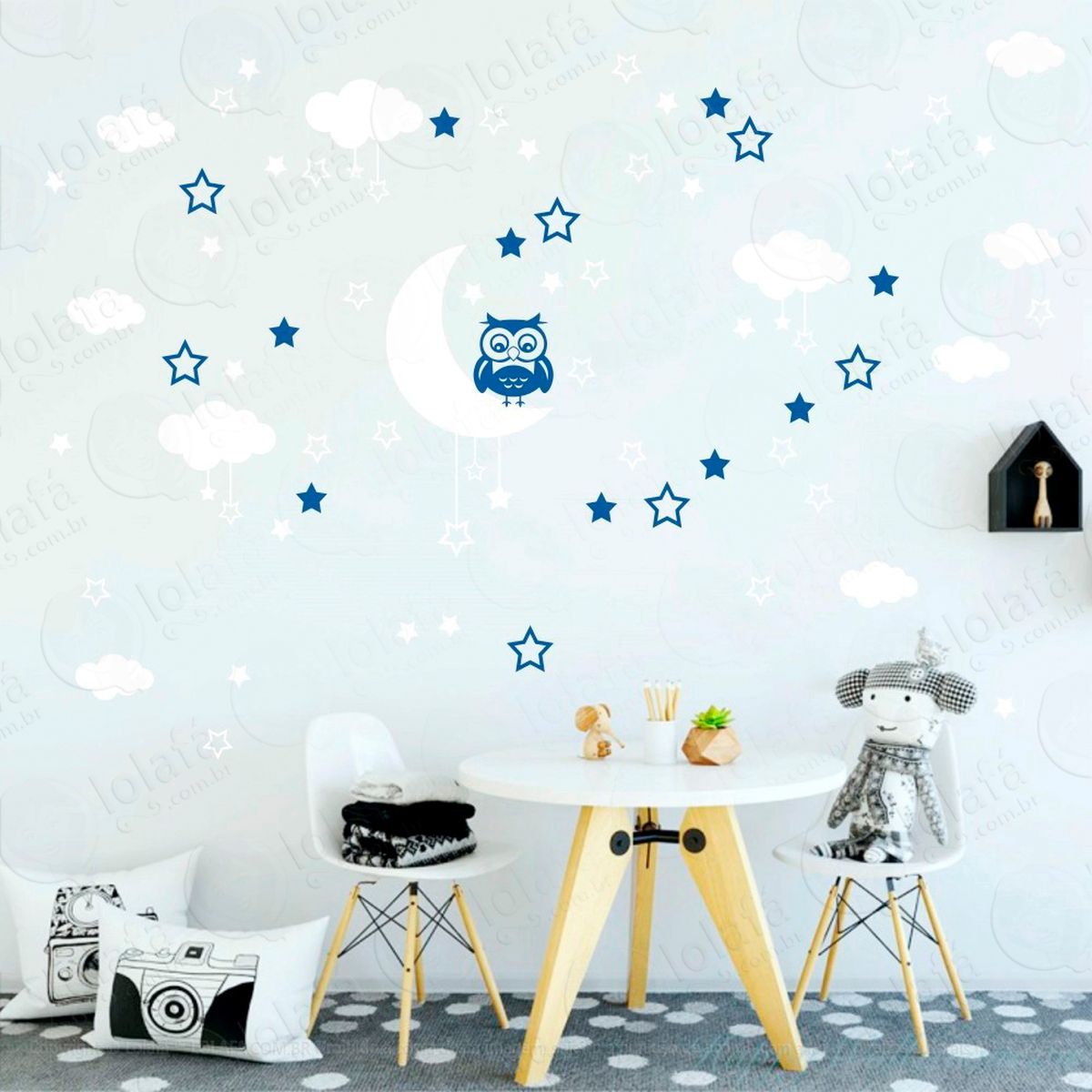 adesivos lua nuvens estrelas e coruja 103 peças adesivos para quarto de bebê infantil - mod:187