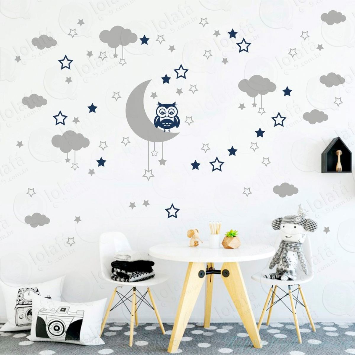 adesivos lua nuvens estrelas e coruja 103 peças adesivos para quarto de bebê infantil - mod:188