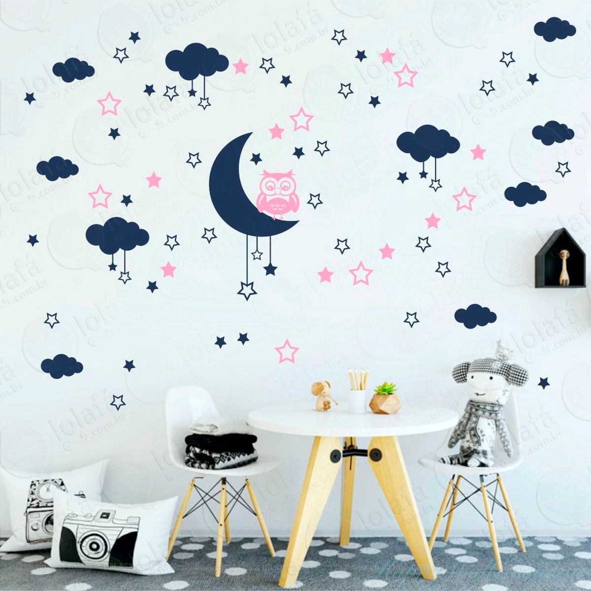 adesivos lua nuvens estrelas e coruja 103 peças adesivos para quarto de bebê infantil - mod:189