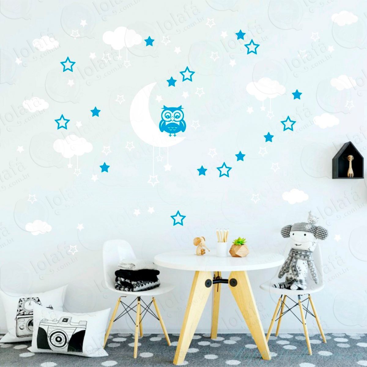 adesivos lua nuvens estrelas e coruja 103 peças adesivos para quarto de bebê infantil - mod:190