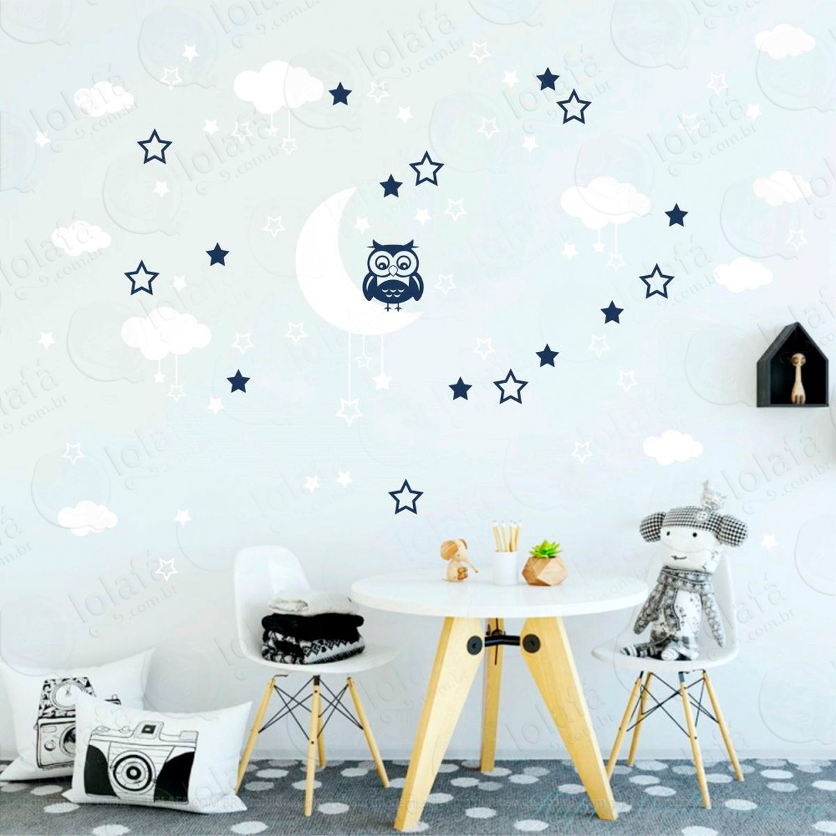 adesivos lua nuvens estrelas e coruja 103 peças adesivos para quarto de bebê infantil - mod:191