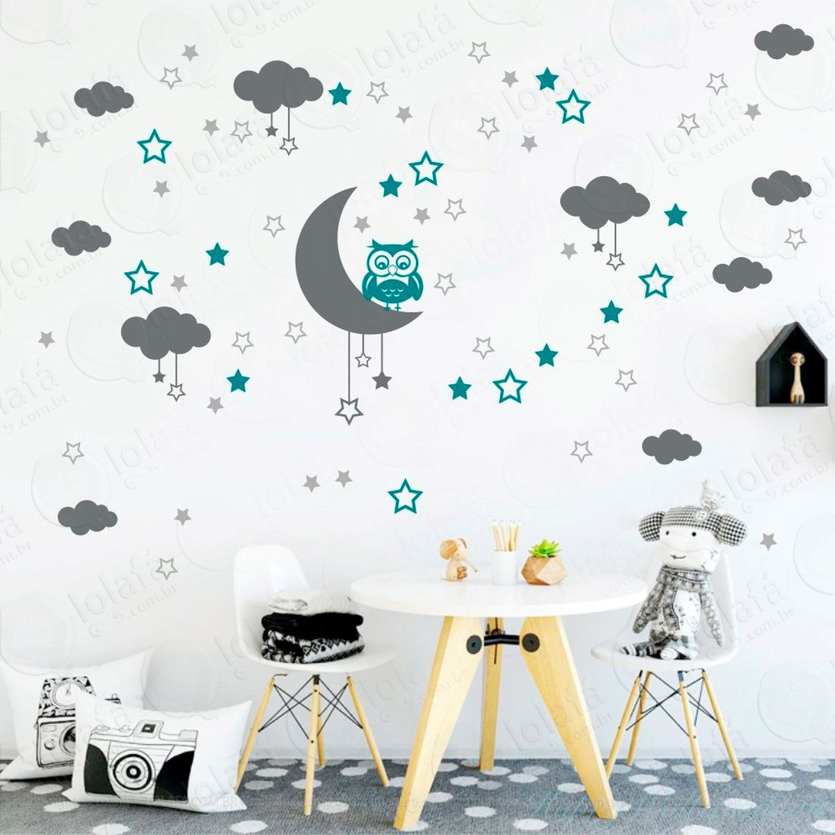adesivos lua nuvens estrelas e coruja 103 peças adesivos para quarto de bebê infantil - mod:193