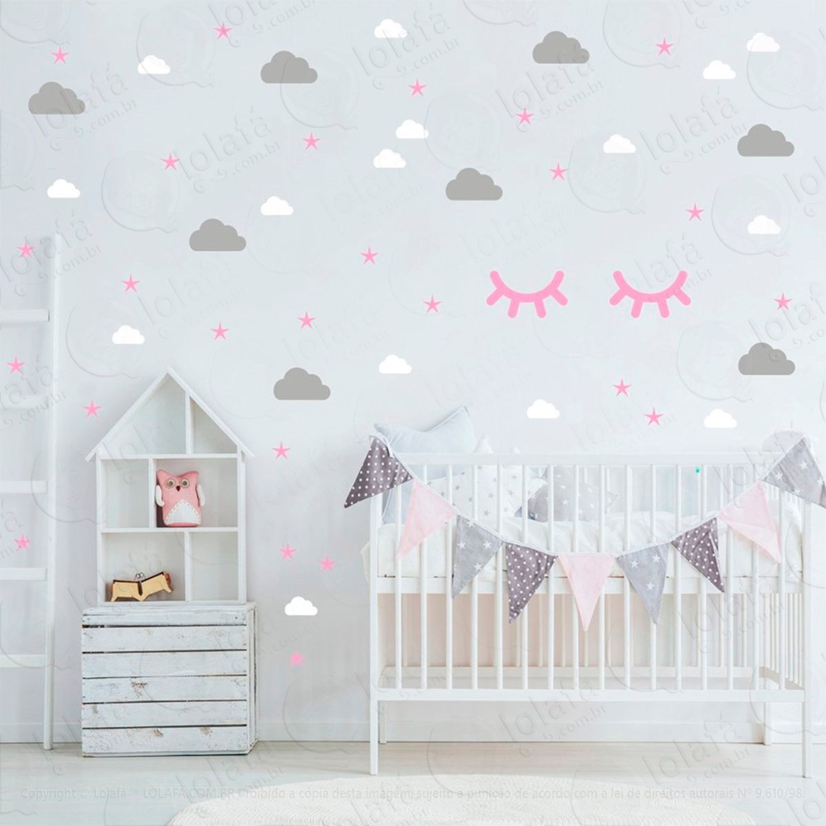 adesivos nuvens cílios e estrelas 77 peças adesivos para quarto de bebê infantil - mod:973