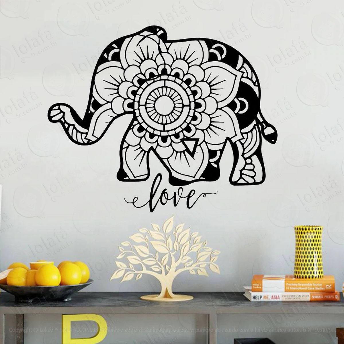 mandala elefante da prosperidade e amor adesivo de parede decorativo para casa, quarto, sala e vidro - mod:251