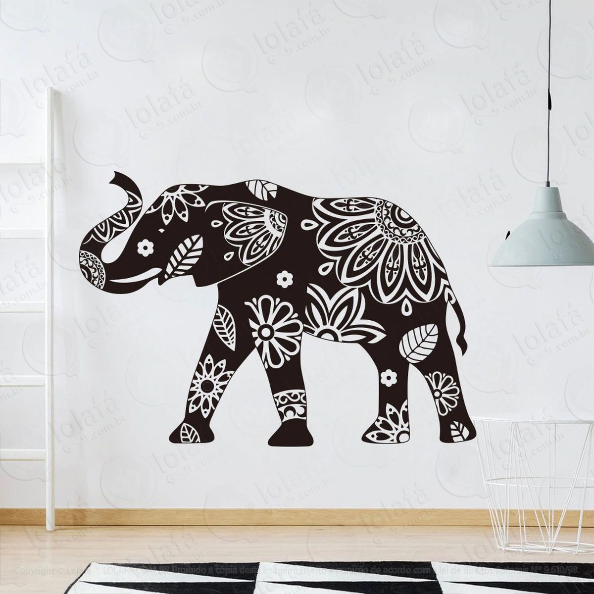mandala elefante da prosperidade e amor adesivo de parede decorativo para casa, quarto, sala e vidro - mod:382