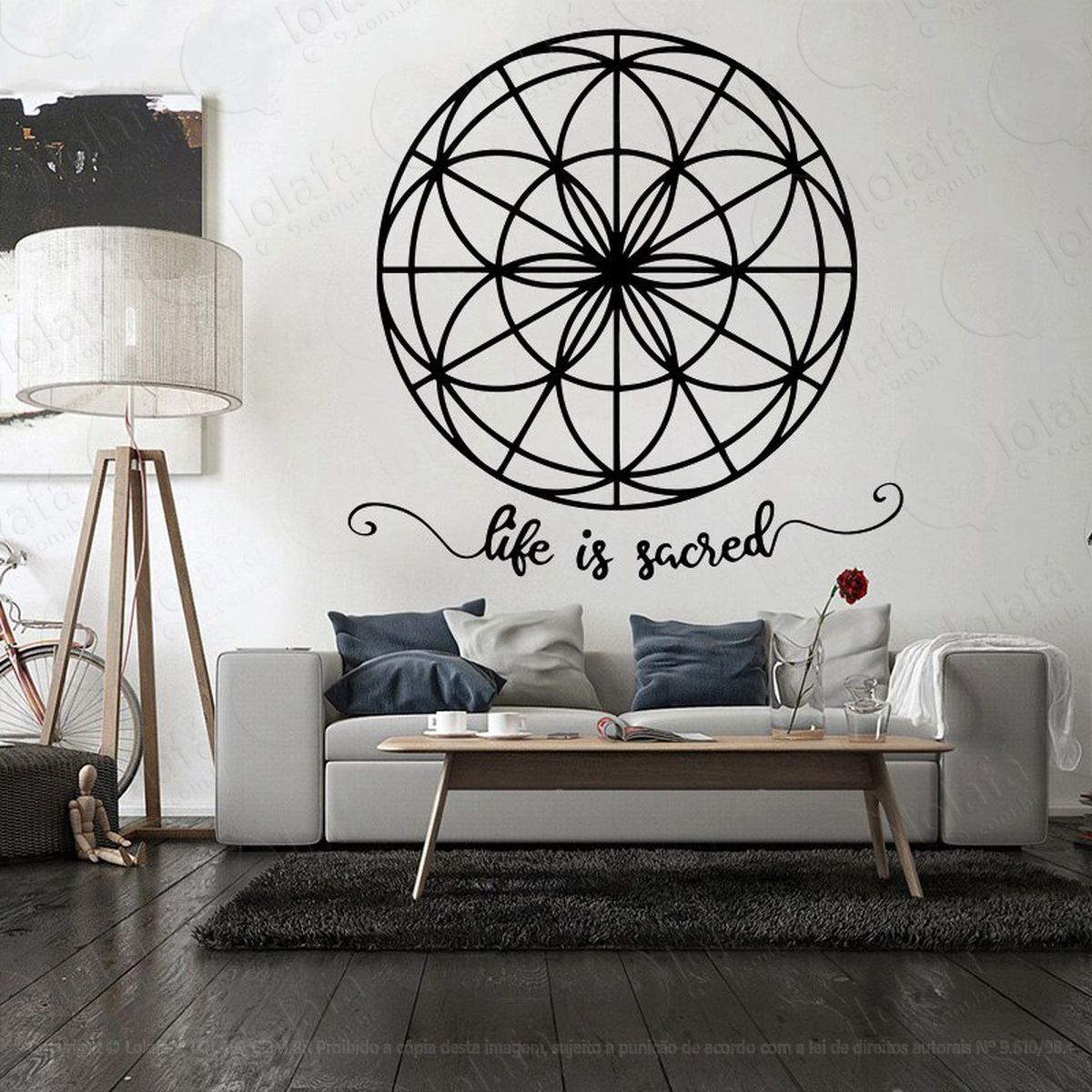 mandala vida é sagrada adesivo de parede decorativo para casa, quarto, sala e vidro - mod:430