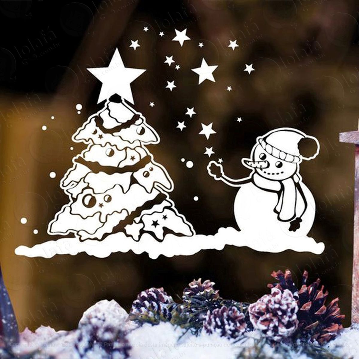 Árvore com boneco e estrela adesivo de natal para vitrine, parede, porta de vidro - decoração natalina mod:265
