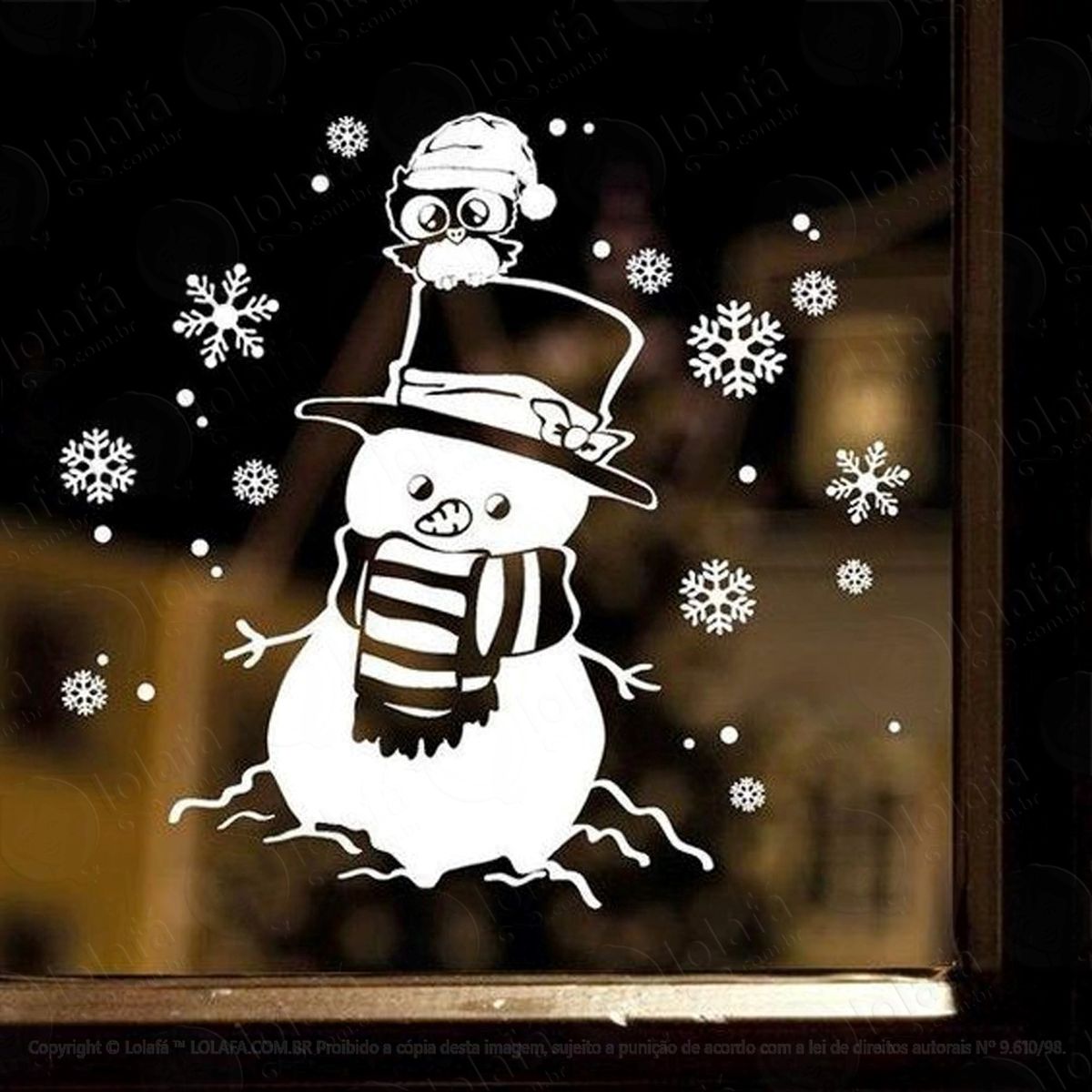 boneco de neve com coruja adesivo de natal para vitrine, parede, porta de vidro - decoração natalina mod:272