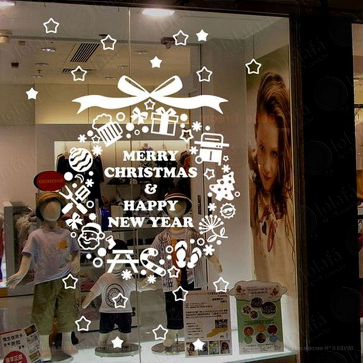 linda guirlanda adesivo de natal para vitrine, parede, porta de vidro - decoração natalina mod:292