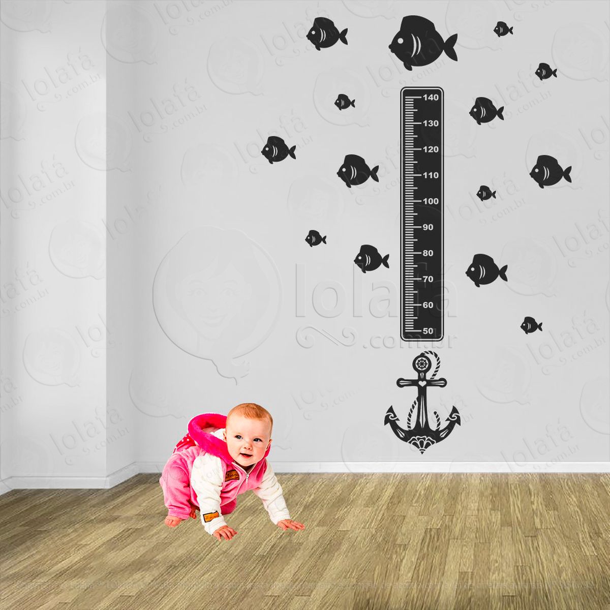 Âncora e peixes adesivo régua de crescimento infantil, medidor de altura para quarto, porta e parede - mod:8