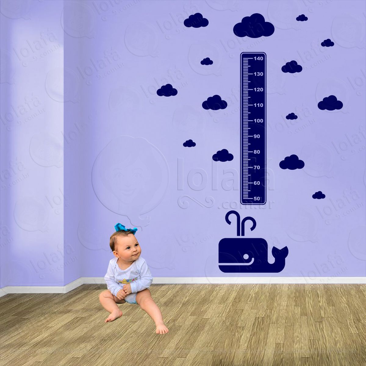 baleia e nuvens adesivo régua de crescimento infantil, medidor de altura para quarto, porta e parede - mod:19