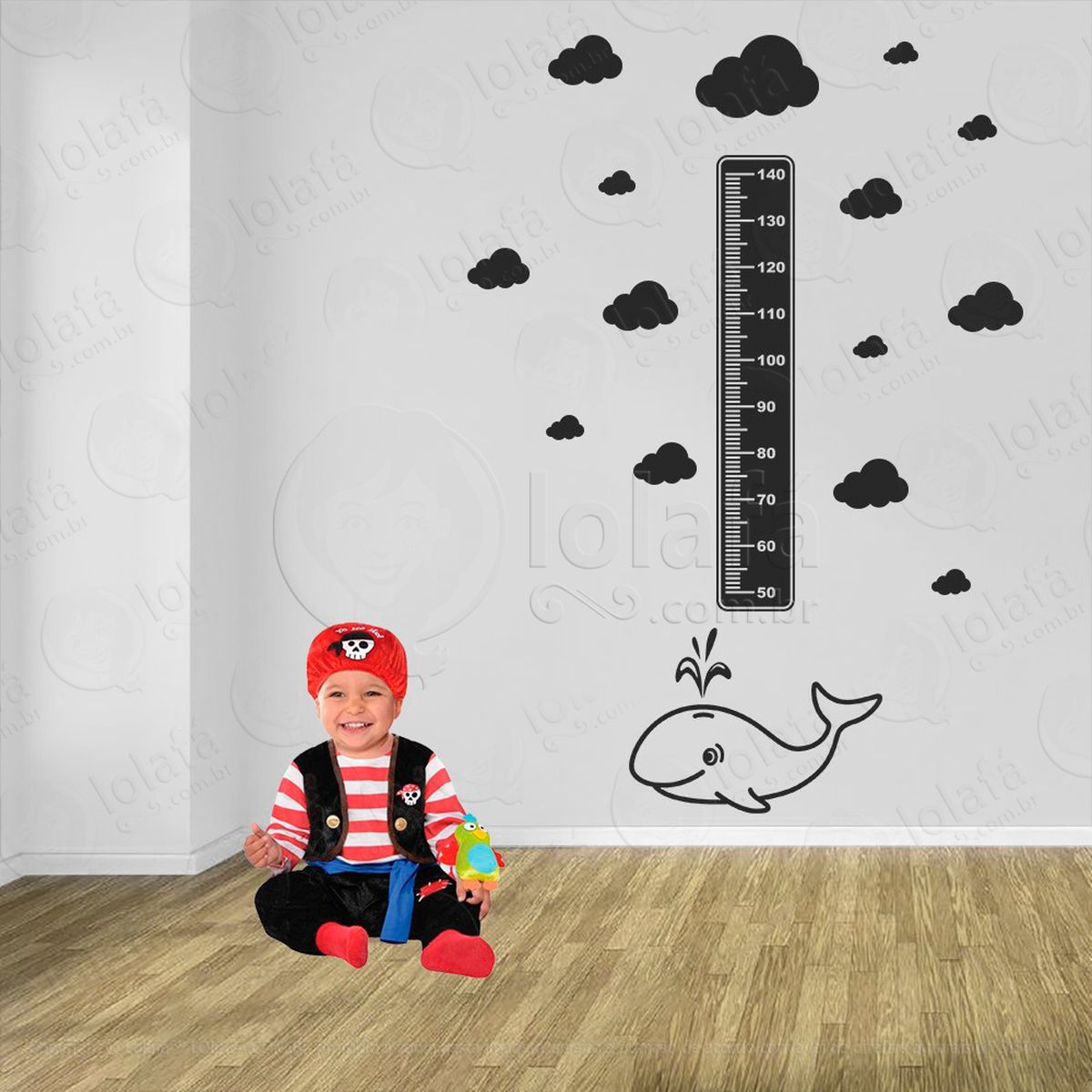 baleia e nuvens adesivo régua de crescimento infantil, medidor de altura para quarto, porta e parede - mod:23