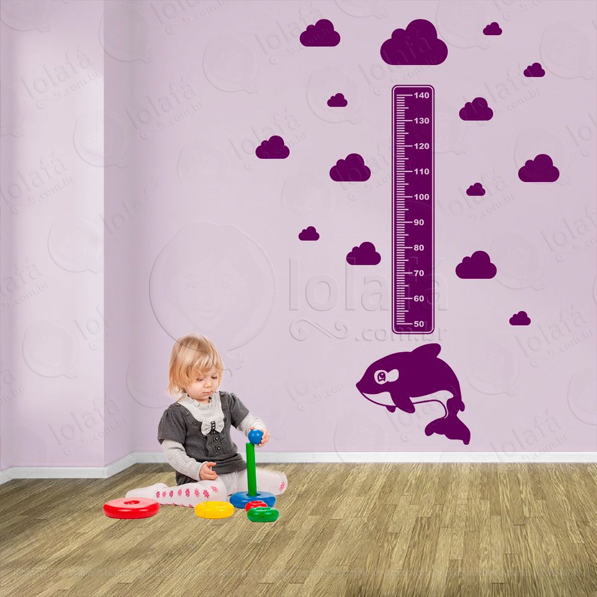 baleia e nuvens adesivo régua de crescimento infantil, medidor de altura para quarto, porta e parede - mod:26