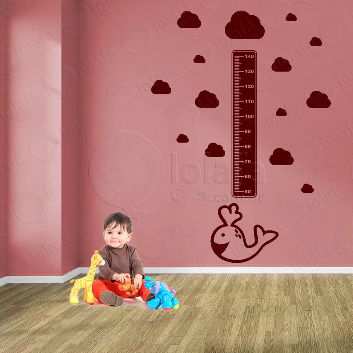 baleia e nuvens adesivo régua de crescimento infantil, medidor de altura para quarto, porta e parede - mod:32