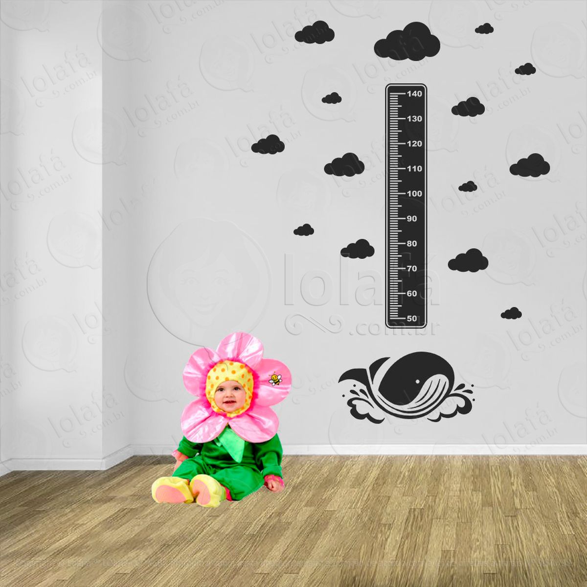 baleia e nuvens adesivo régua de crescimento infantil, medidor de altura para quarto, porta e parede - mod:36