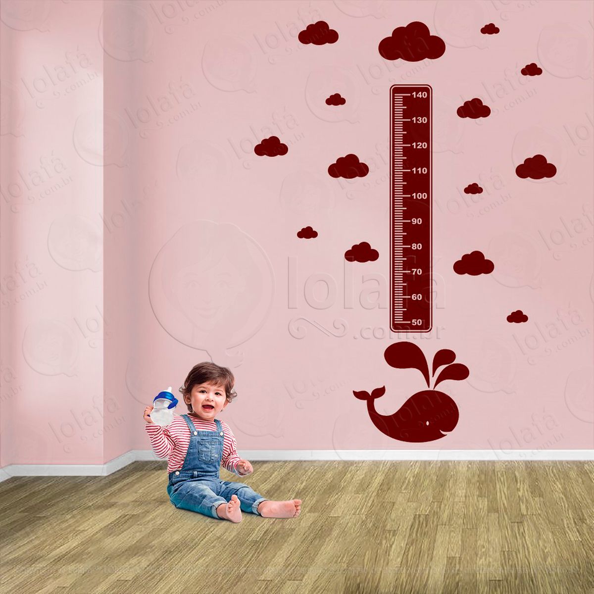 baleia e nuvens adesivo régua de crescimento infantil, medidor de altura para quarto, porta e parede - mod:45
