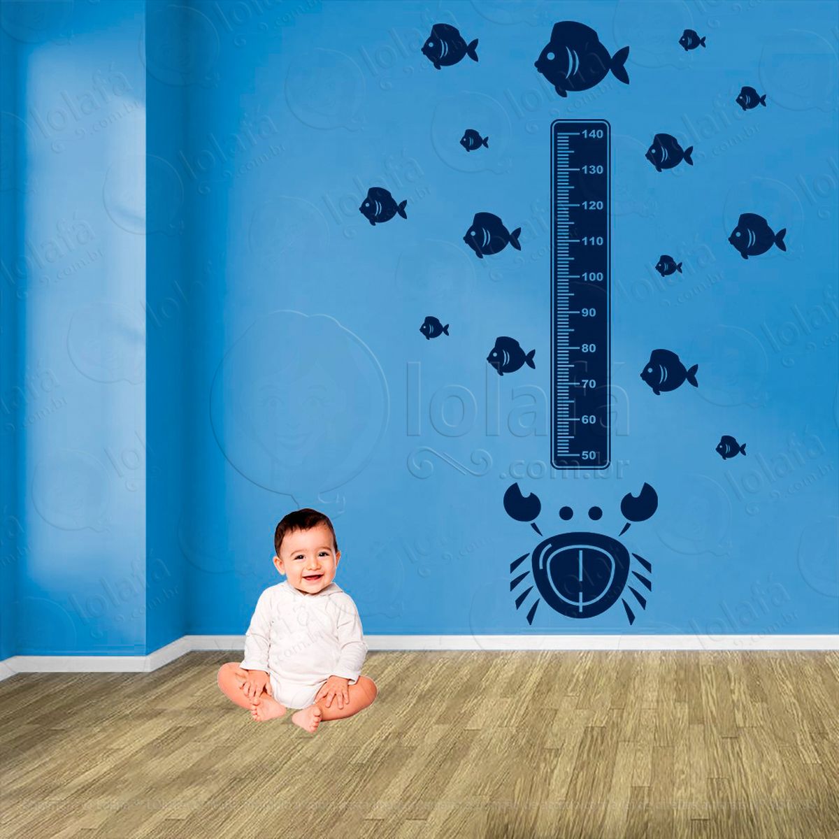caranguejo e peixes adesivo régua de crescimento infantil, medidor de altura para quarto, porta e parede - mod:49