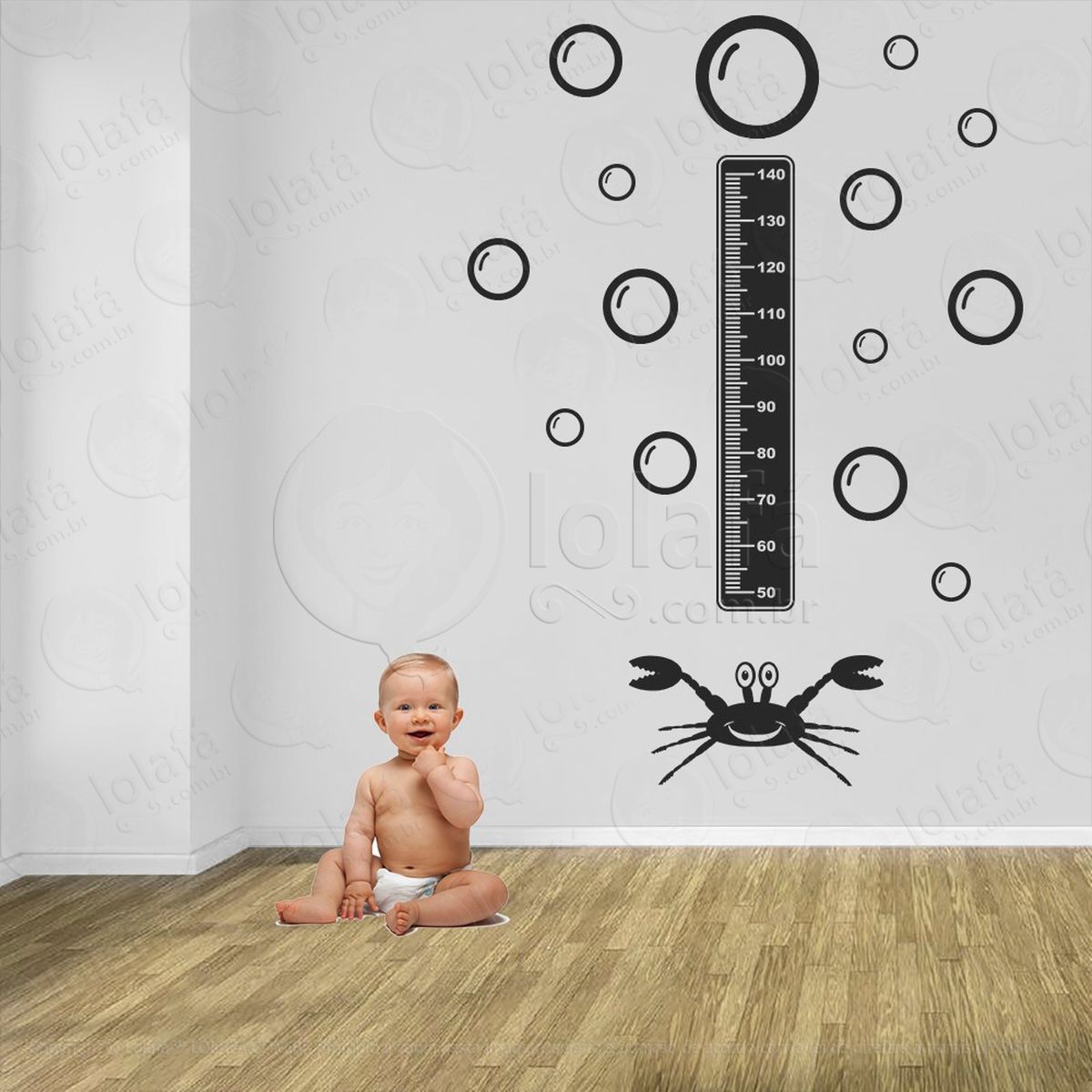 caranguejo e bolhas adesivo régua de crescimento infantil, medidor de altura para quarto, porta e parede - mod:51