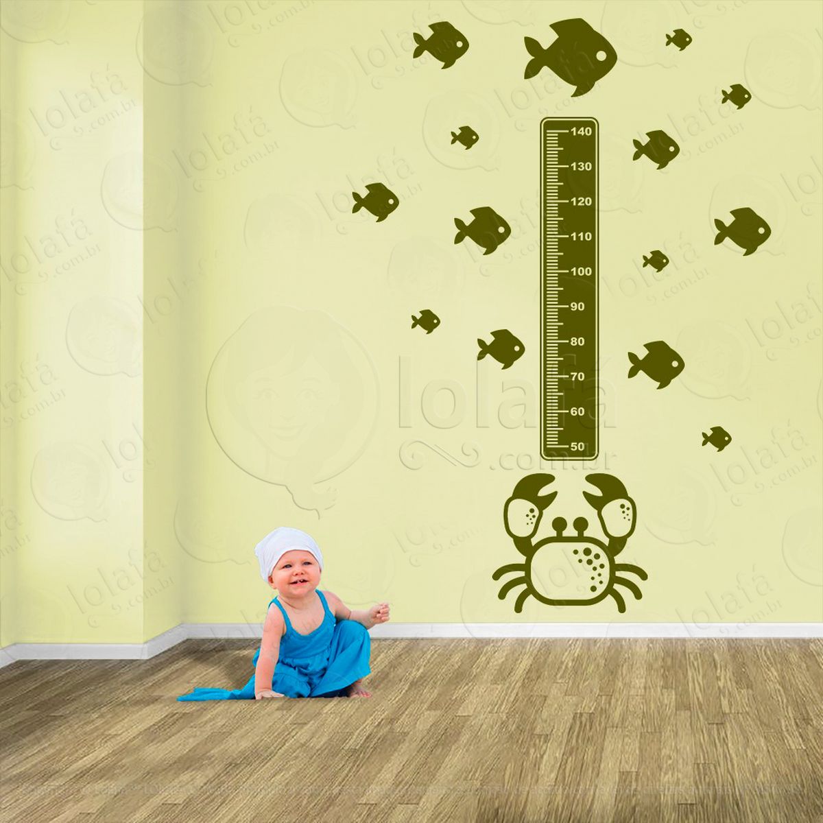 caranguejo e peixes adesivo régua de crescimento infantil, medidor de altura para quarto, porta e parede - mod:52