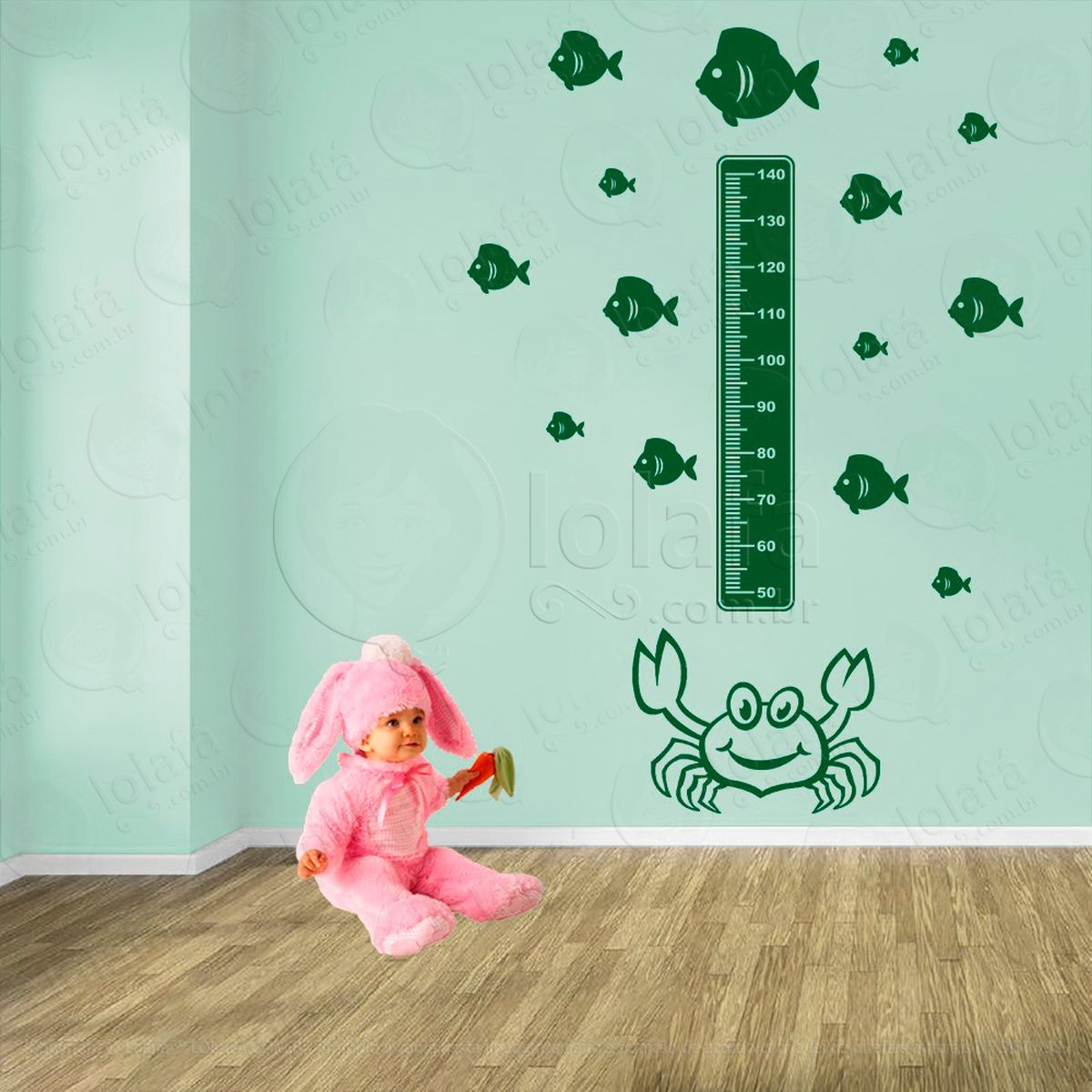 caranguejo e peixes adesivo régua de crescimento infantil, medidor de altura para quarto, porta e parede - mod:55