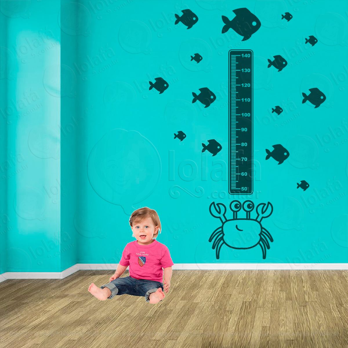 caranguejo e peixes adesivo régua de crescimento infantil, medidor de altura para quarto, porta e parede - mod:58