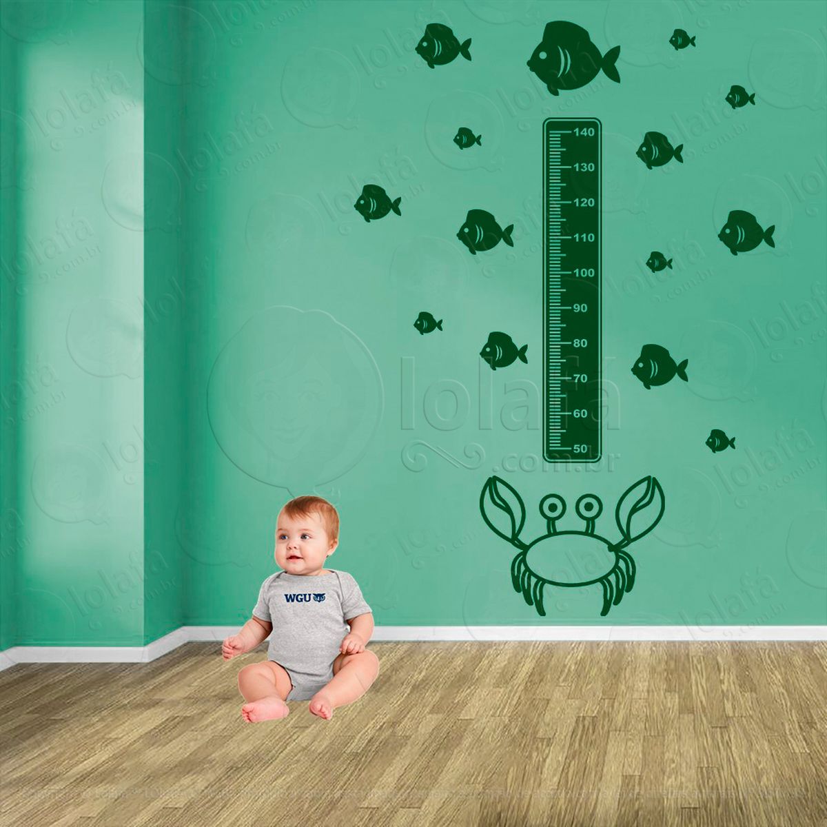 caranguejo e peixes adesivo régua de crescimento infantil, medidor de altura para quarto, porta e parede - mod:61
