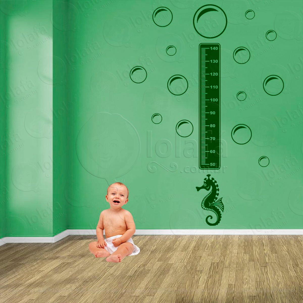 cavalo-marinho e bolhas adesivo régua de crescimento infantil, medidor de altura para quarto, porta e parede - mod:63
