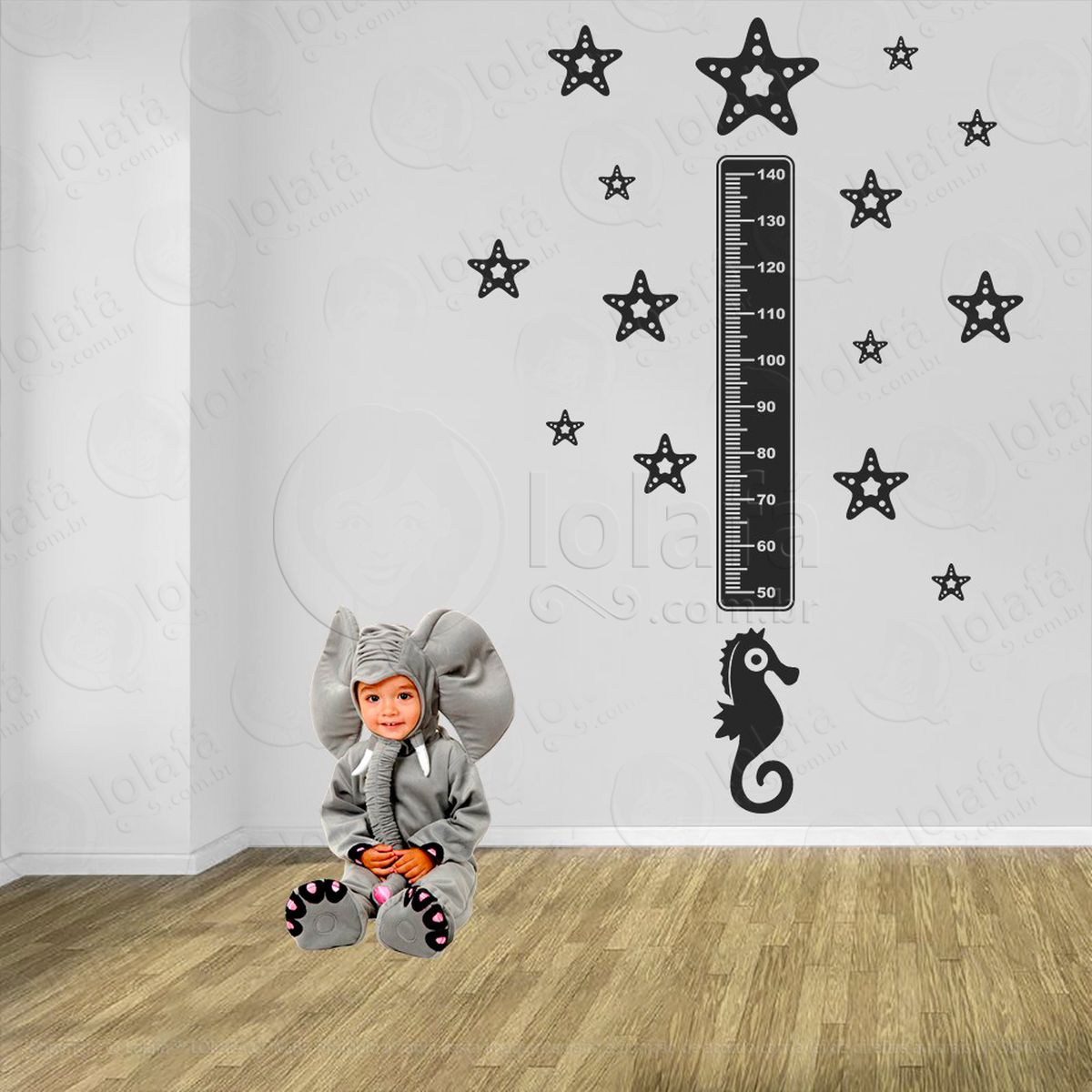cavalo-marinho e estrelas-do-mar adesivo régua de crescimento infantil, medidor de altura para quarto, porta e parede - mod:64