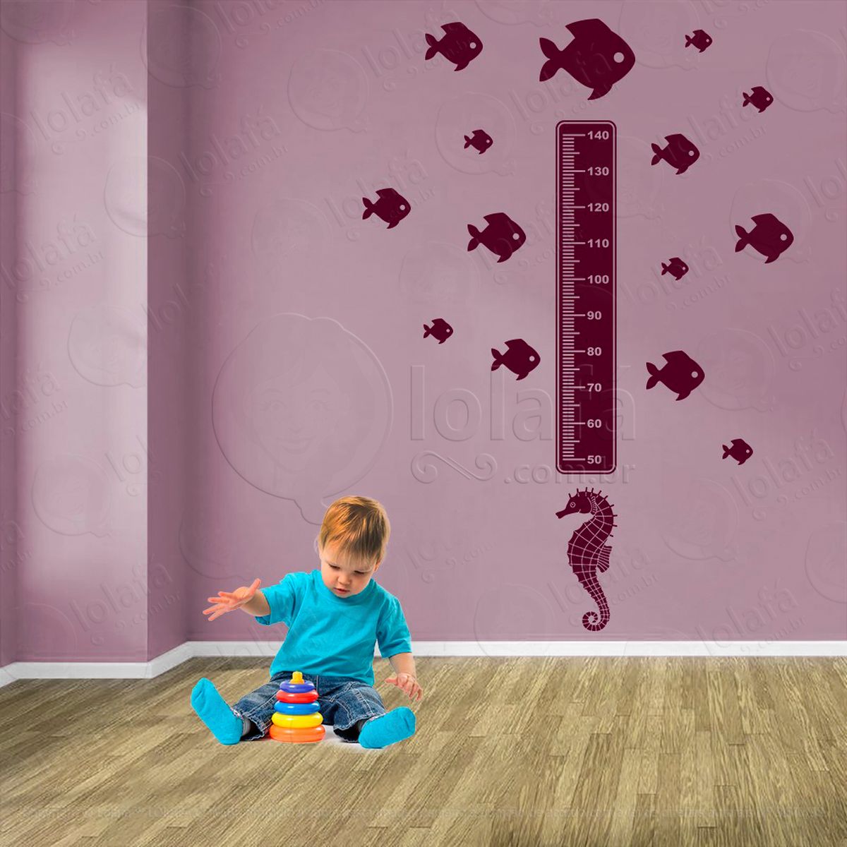 cavalo-marinho e peixes adesivo régua de crescimento infantil, medidor de altura para quarto, porta e parede - mod:65
