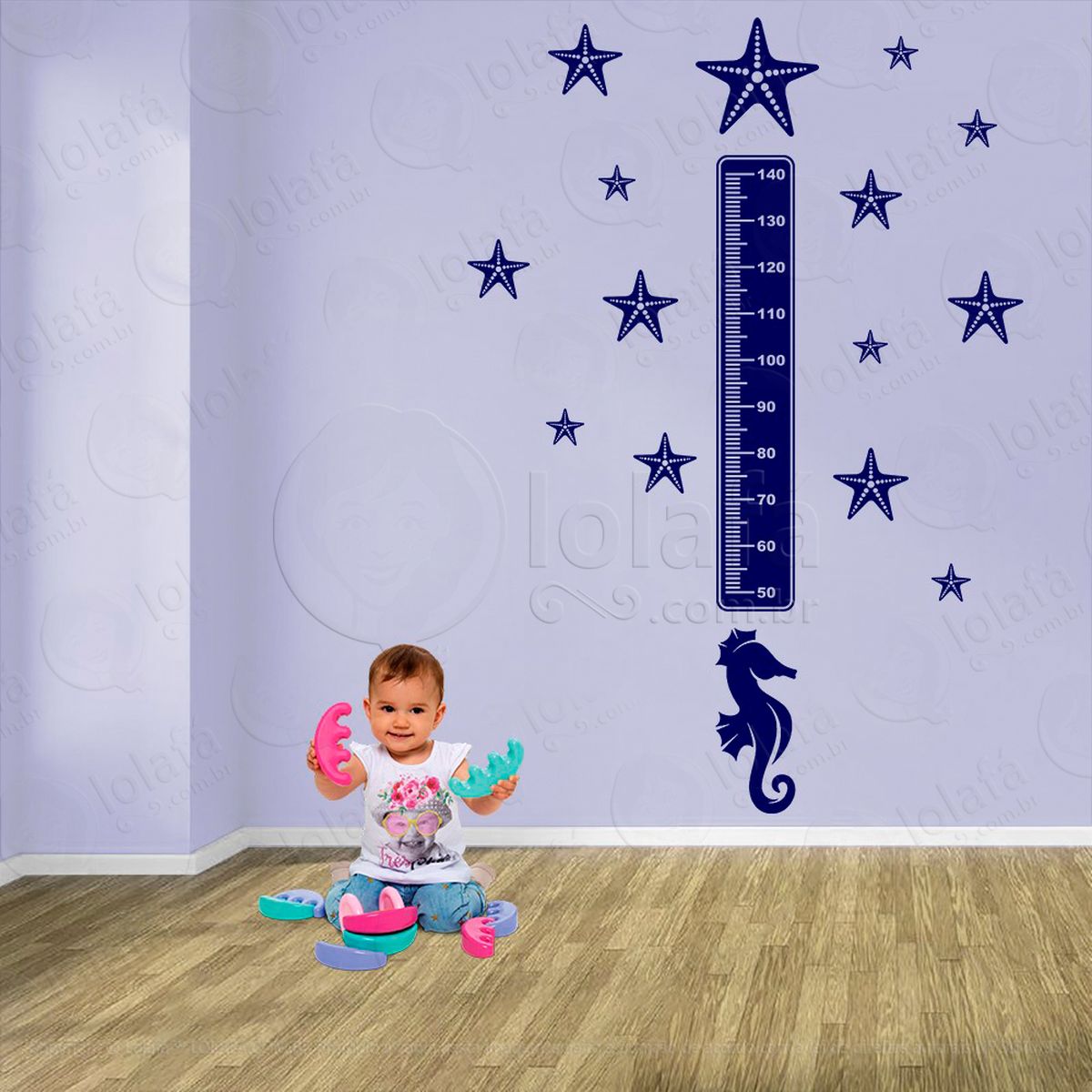 cavalo-marinho e estrelas-do-mar adesivo régua de crescimento infantil, medidor de altura para quarto, porta e parede - mod:67