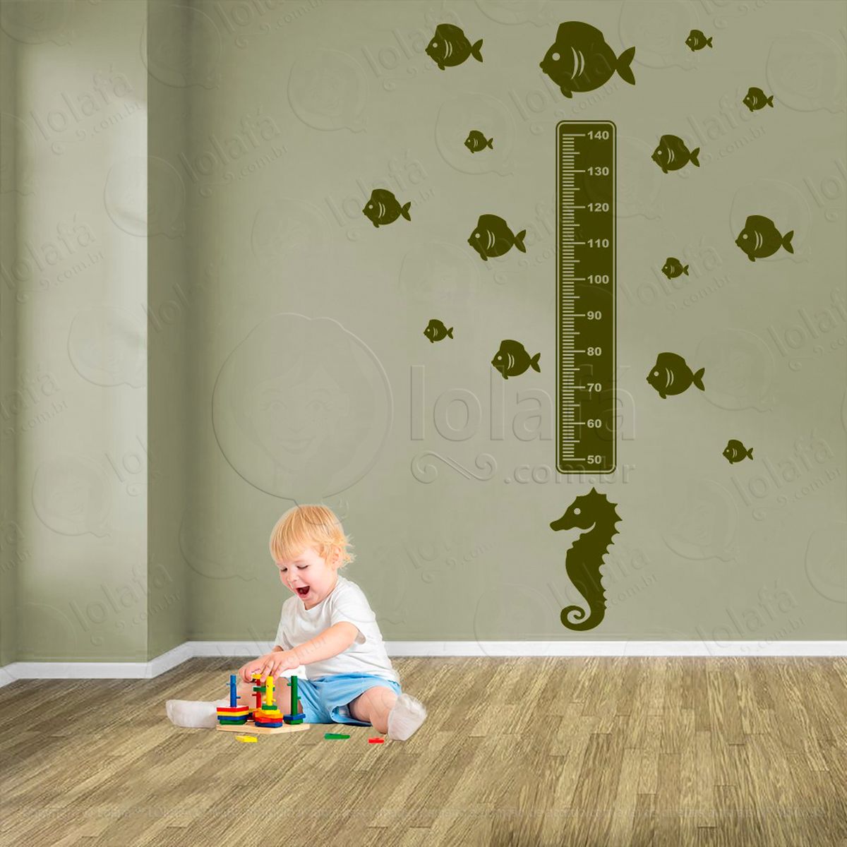 cavalo-marinho e peixes adesivo régua de crescimento infantil, medidor de altura para quarto, porta e parede - mod:68