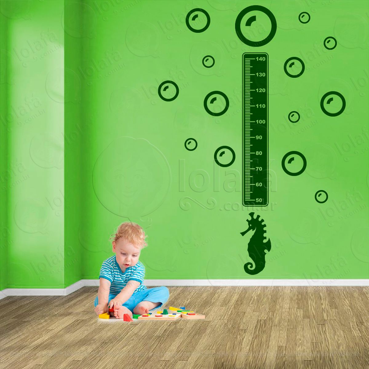 cavalo-marinho e bolhas adesivo régua de crescimento infantil, medidor de altura para quarto, porta e parede - mod:69