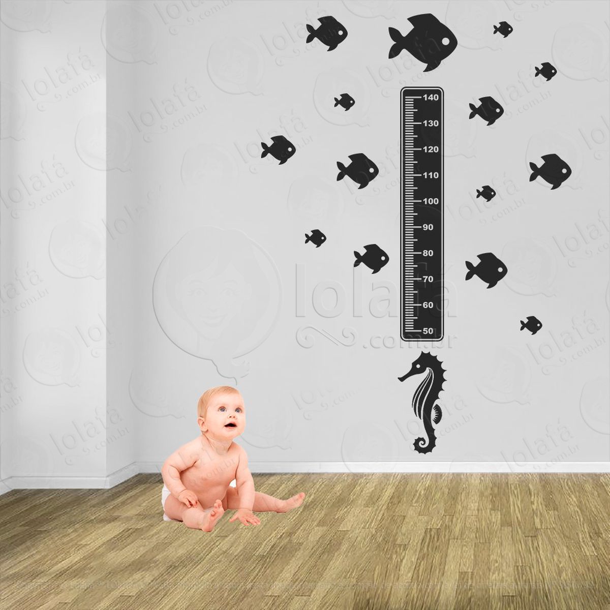 cavalo-marinho e peixes adesivo régua de crescimento infantil, medidor de altura para quarto, porta e parede - mod:71