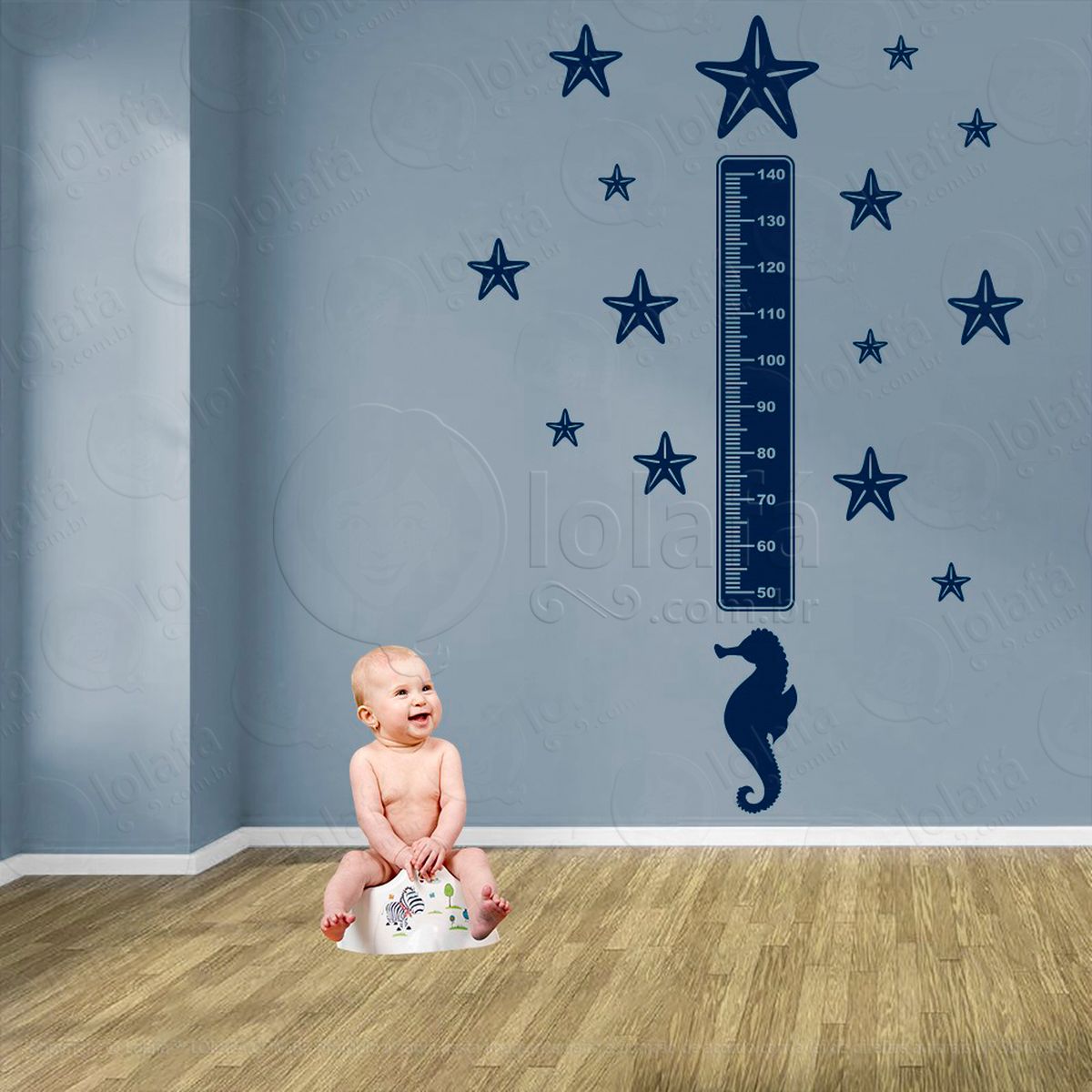 cavalo-marinho e estrelas-do-mar adesivo régua de crescimento infantil, medidor de altura para quarto, porta e parede - mod:73