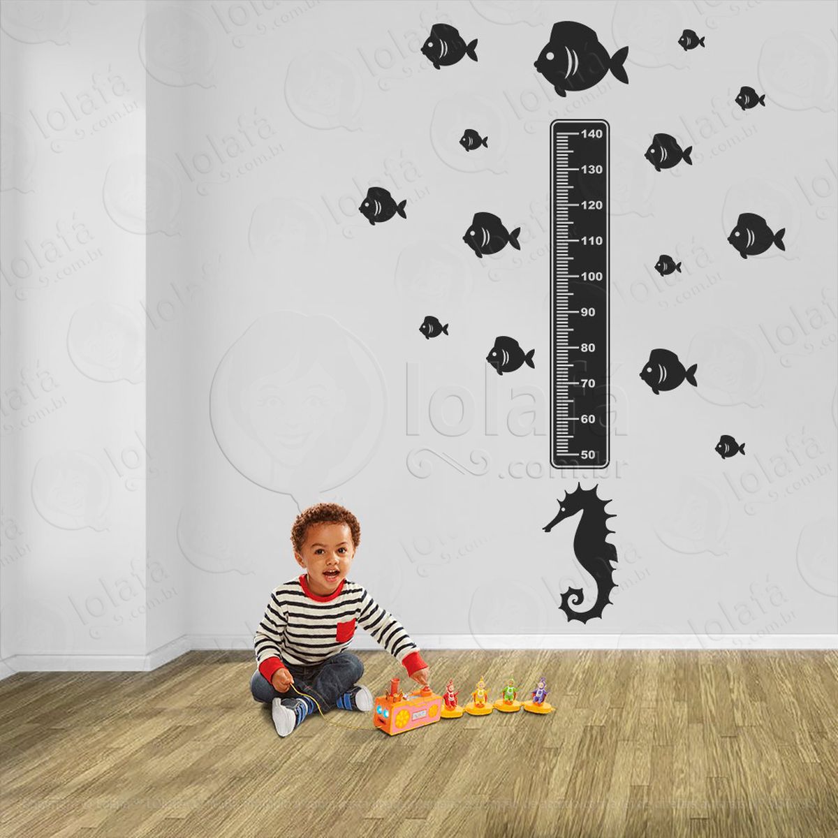 cavalo-marinho e peixes adesivo régua de crescimento infantil, medidor de altura para quarto, porta e parede - mod:74