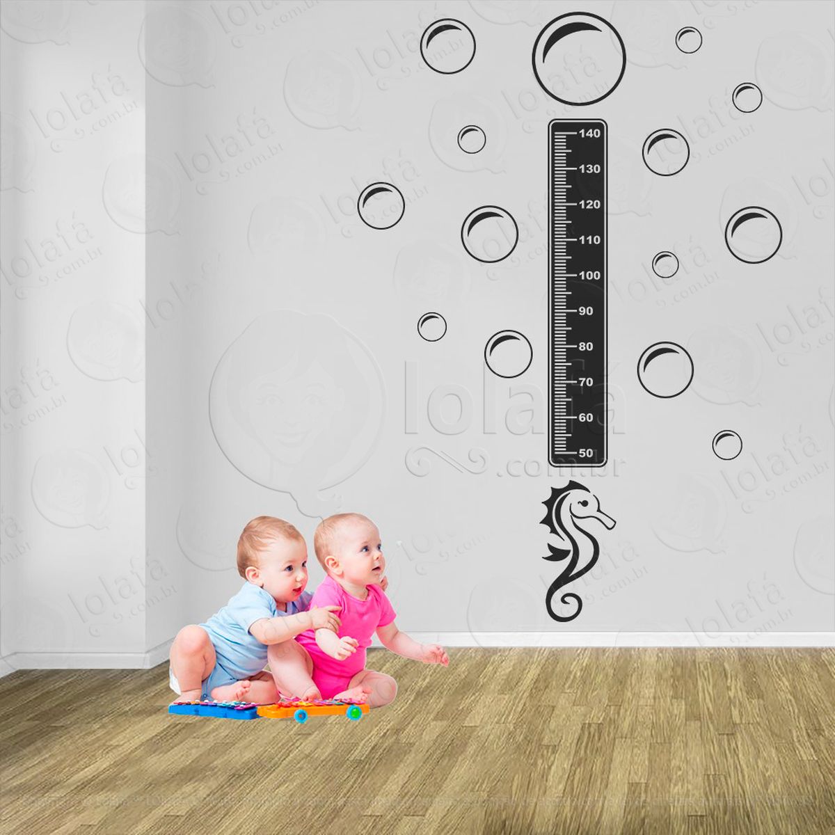 cavalo-marinho e bolhas adesivo régua de crescimento infantil, medidor de altura para quarto, porta e parede - mod:75