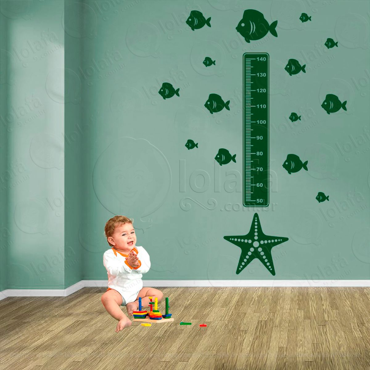 estrela-do-mar e peixes adesivo régua de crescimento infantil, medidor de altura para quarto, porta e parede - mod:76