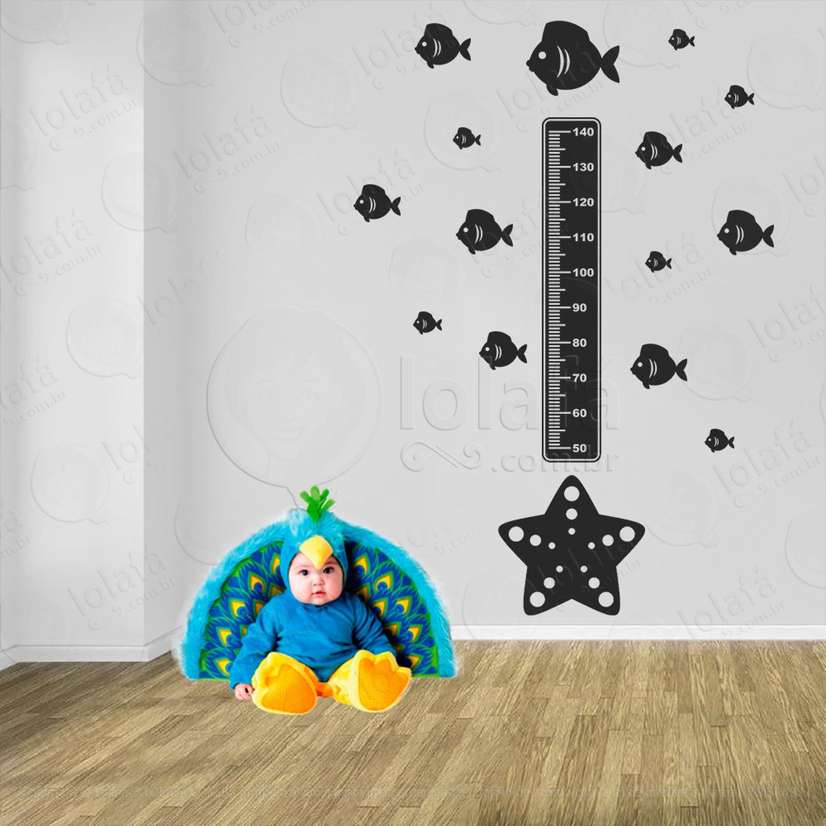 estrela-do-mar e peixes adesivo régua de crescimento infantil, medidor de altura para quarto, porta e parede - mod:88