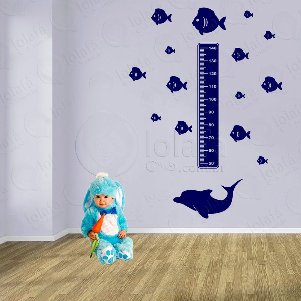 golfinho e peixes adesivo régua de crescimento infantil, medidor de altura para quarto, porta e parede - mod:89
