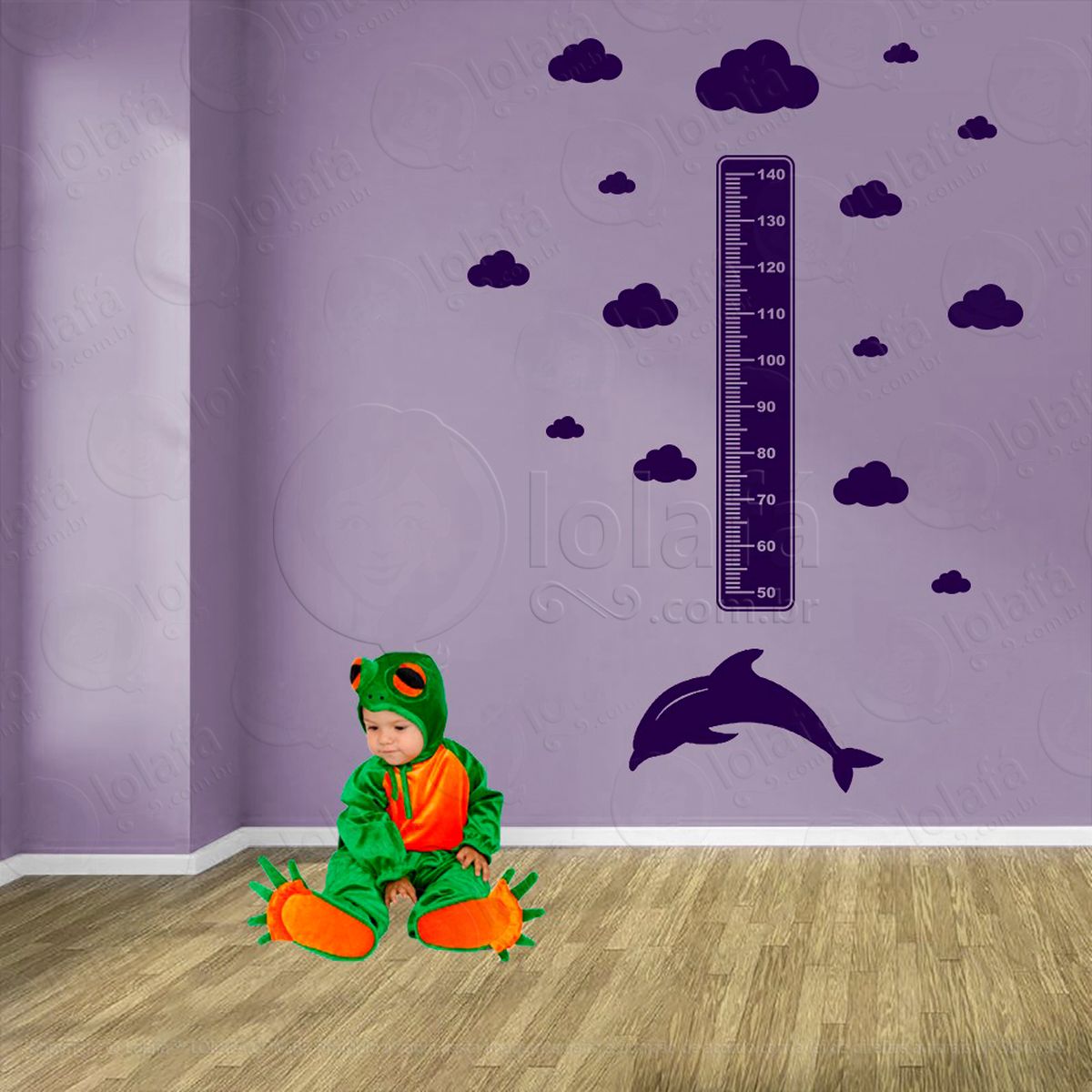 golfinho e nuvens adesivo régua de crescimento infantil, medidor de altura para quarto, porta e parede - mod:90