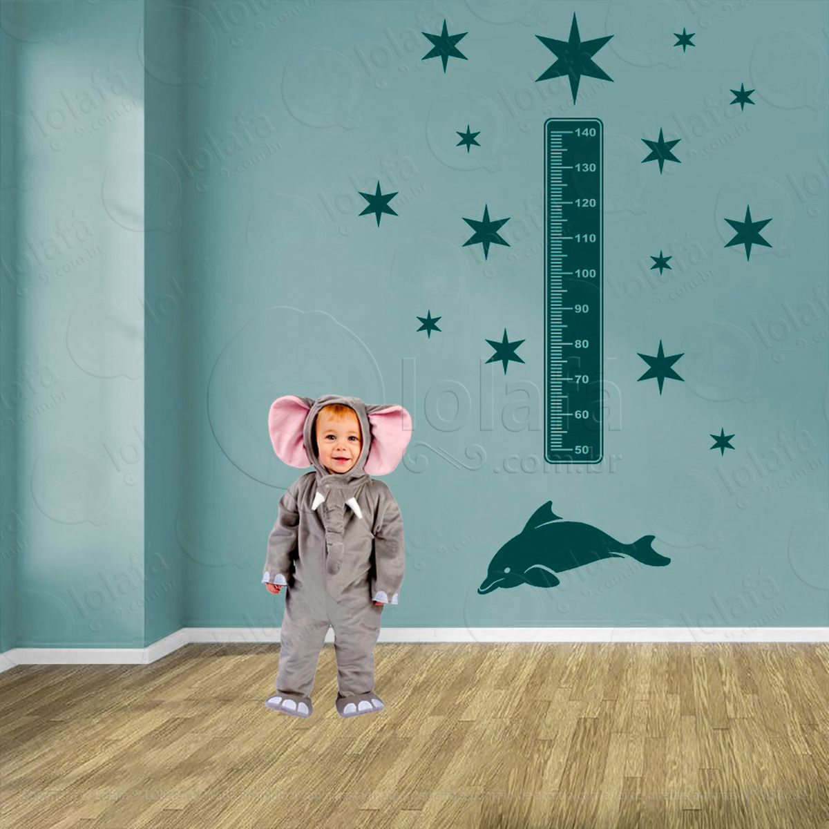 golfinho e estrelas adesivo régua de crescimento infantil, medidor de altura para quarto, porta e parede - mod:91