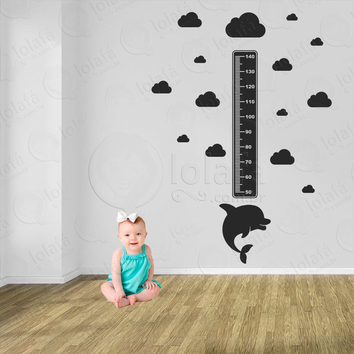 golfinho e nuvens adesivo régua de crescimento infantil, medidor de altura para quarto, porta e parede - mod:92