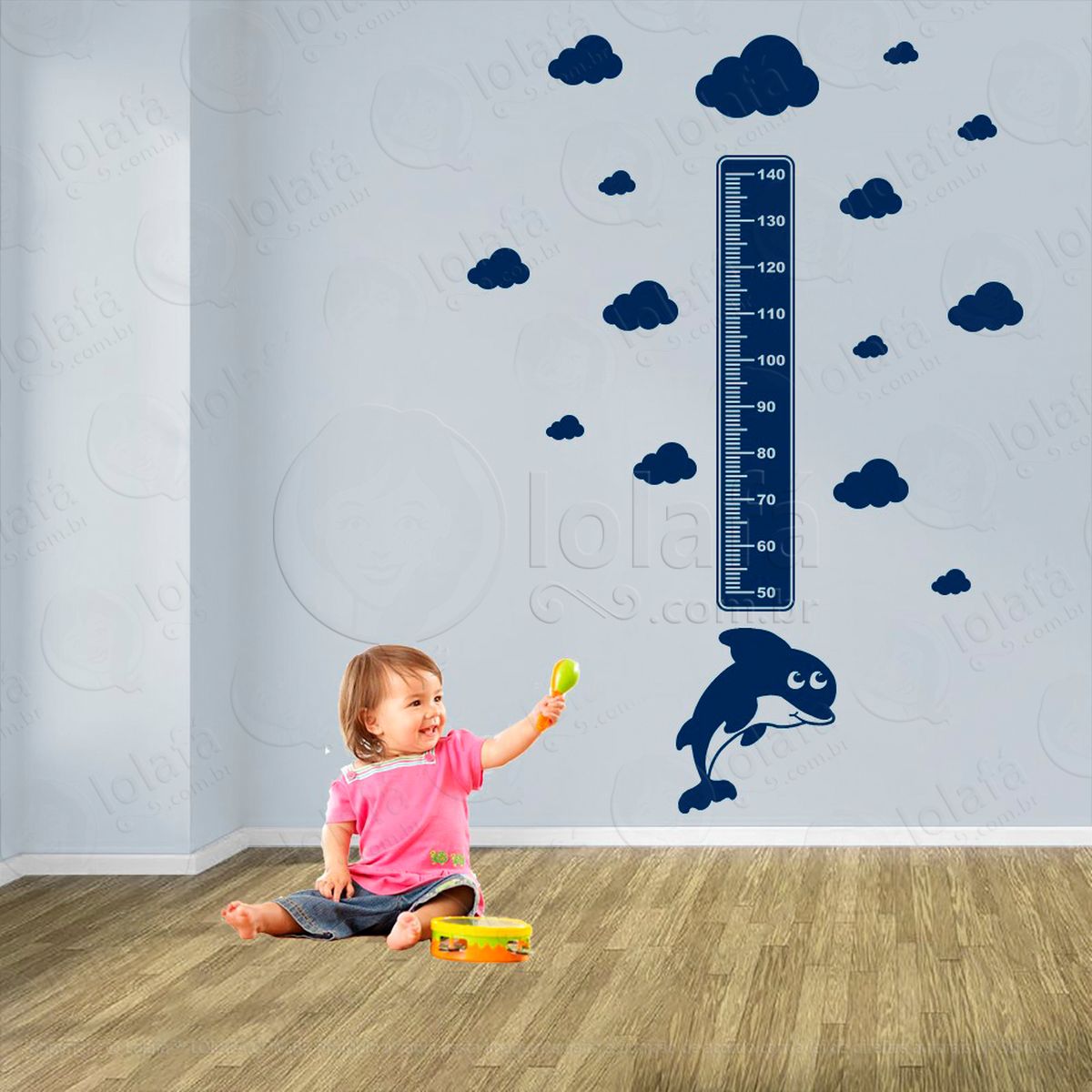 golfinho e nuvens adesivo régua de crescimento infantil, medidor de altura para quarto, porta e parede - mod:96
