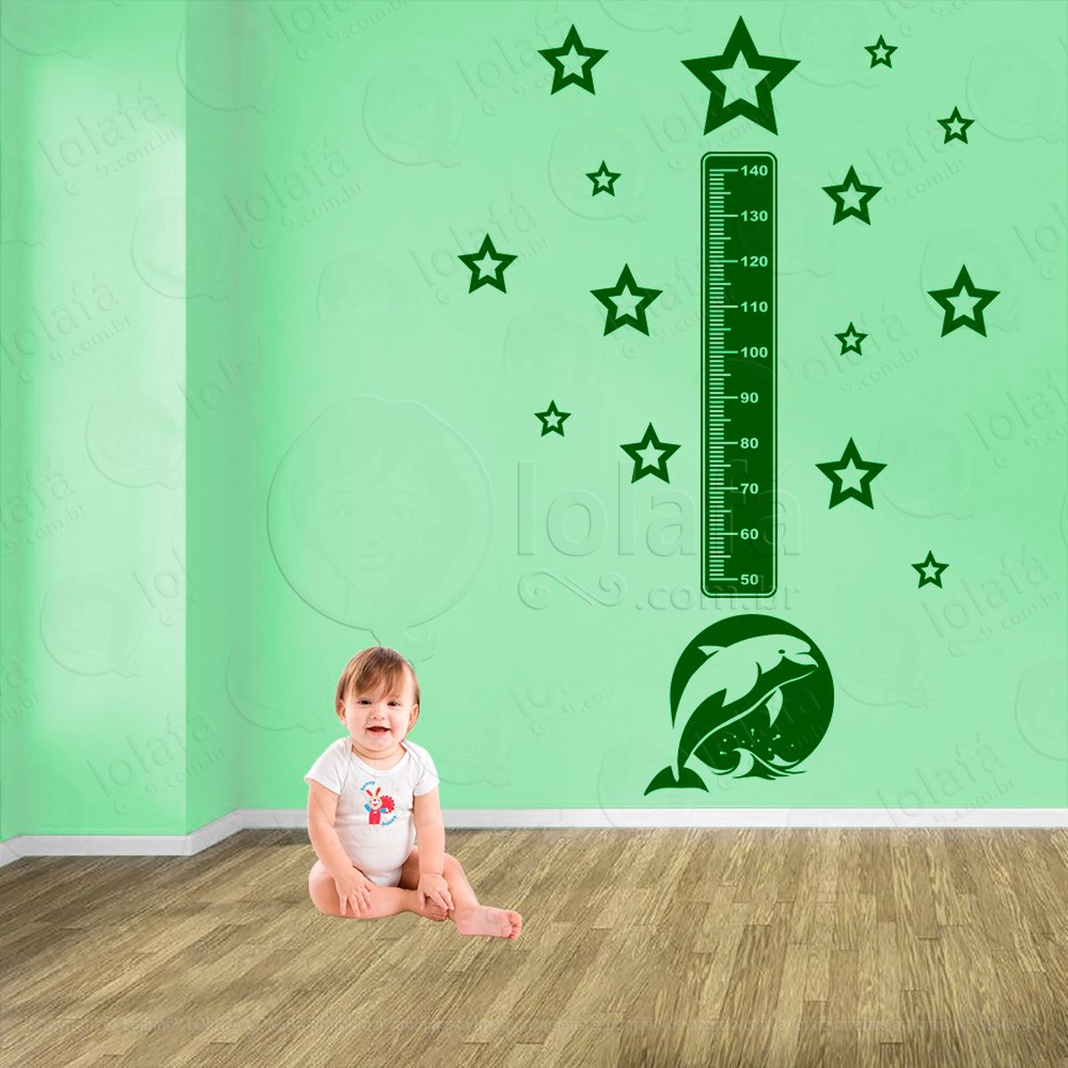 golfinho e estrelas adesivo régua de crescimento infantil, medidor de altura para quarto, porta e parede - mod:99