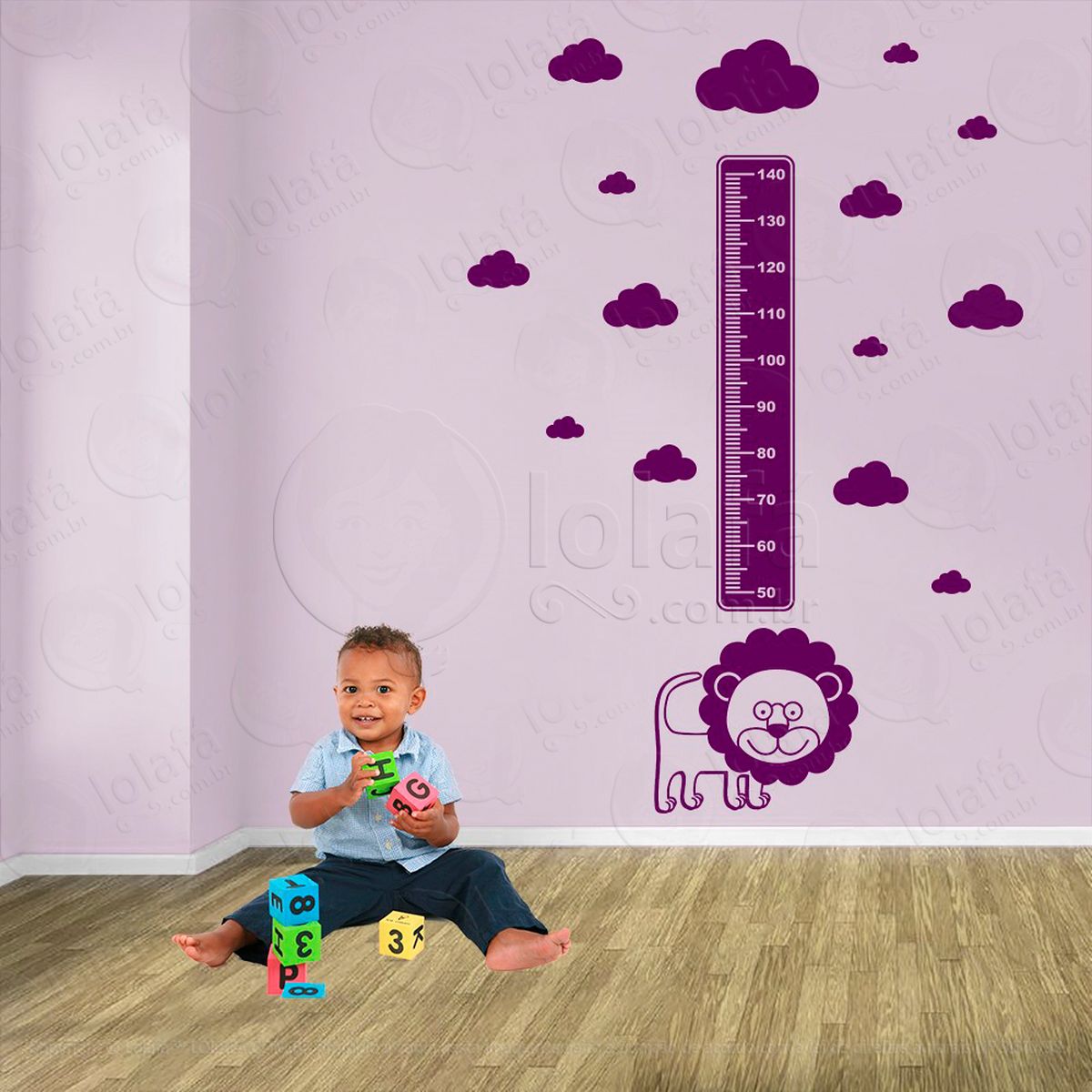 leão e nuvens adesivo régua de crescimento infantil, medidor de altura para quarto, porta e parede - mod:100