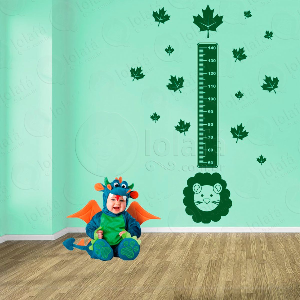 leão e folhas adesivo régua de crescimento infantil, medidor de altura para quarto, porta e parede - mod:105
