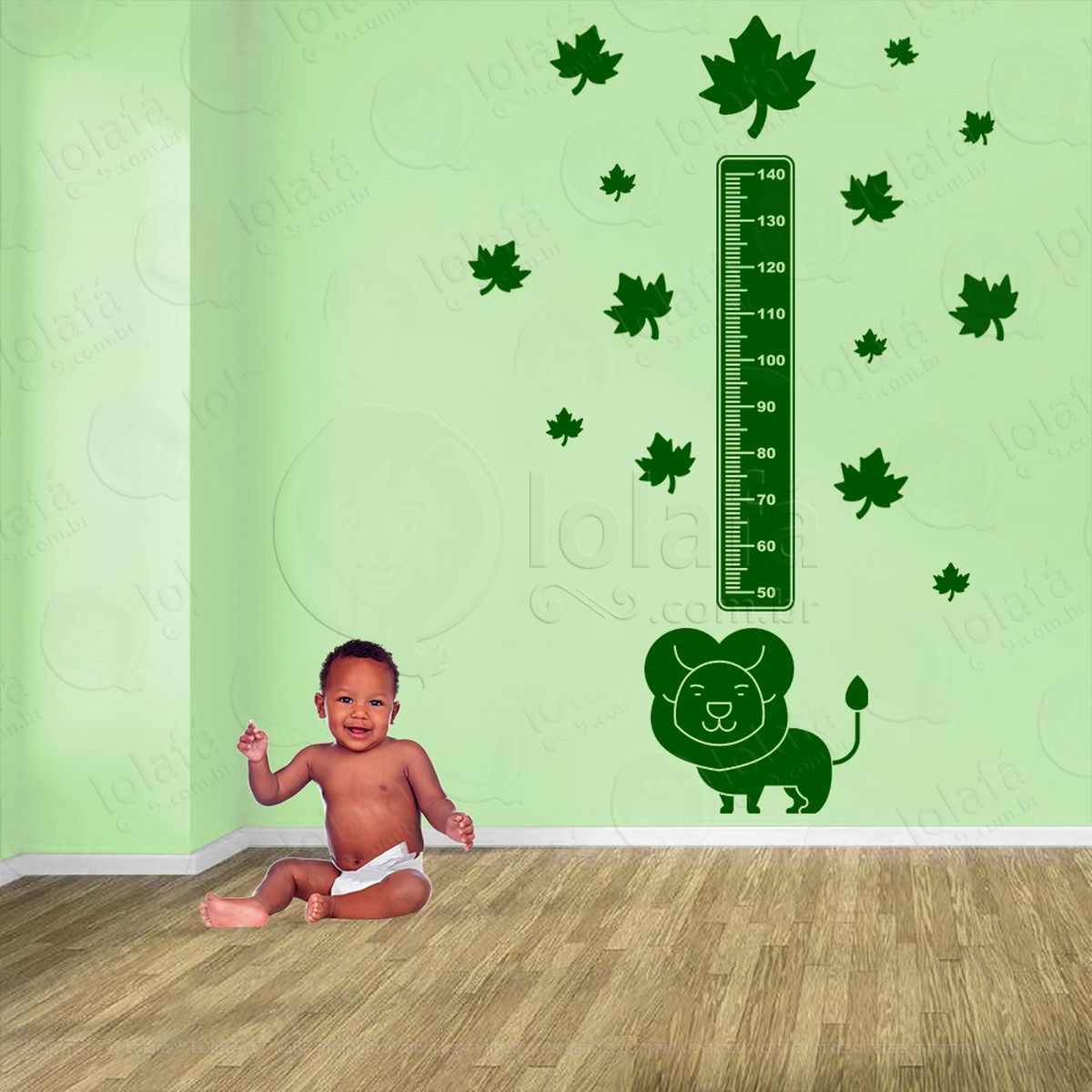 leão e folhas adesivo régua de crescimento infantil, medidor de altura para quarto, porta e parede - mod:107